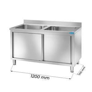 Fregadero mueble en acero inox con N.2 senos y peto trasero L1200xP700xH850 mm - linea premium - Imagen 1