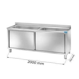 Fregadero mueble para ollas en acero inox con N.2 senos y peto trasero L2000xP700xH850 mm – linea premium