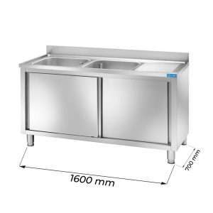 Fregadero mueble en acero inox con N.2 senos con peto trasero y gotero a la derecha  L1600xP700xH850 mm - linea premium