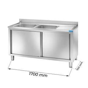 Fregadero mueble en acero inox con N.2 senos con peto trasero y gotero a la derecha  L1700xP700xH850 mm - linea premium - Imagen 1