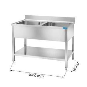 Fregadero abierto en acero inox sobre piernas con N.2 senos y peto trasero L1000xP700xH850 mm - linea premium - Imagen 1