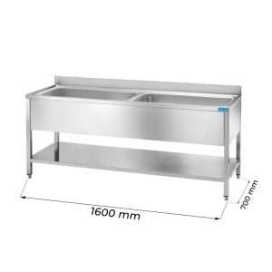 Fregadero abierto en acero inox sobre patas con N.2 senos y peto trasero L1600xP700xH850 mm - linea premium