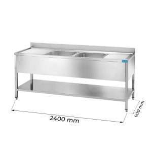 Fregadero abierto en acero inox sobre patas con N.2 senos con peto trasero y N.2 goteros L2400xP600xH850 mm - linea premium