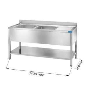 Fregadero abierto en acero inox sobre piernas con N.2 senos con peto trasero y gotero a la derecha L1400xP600xH850 mm - linea premium