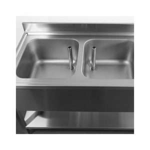 Fregadero abierto en acero inox sobre piernas con N.2 senos con peto trasero y gotero a la derecha L1600xP700xH850 mm - linea premium - Imagen 12