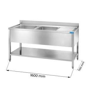 Fregadero abierto en acero inox sobre piernas con N.2 senos con peto trasero y gotero a la derecha L1600xP700xH850 mm - linea premium - Imagen 1