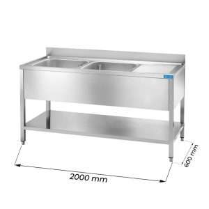 Fregadero abierto en acero inox sobre piernas con N.2 senos con peto trasero y gotero a la derecha L2000xP600xH850 mm - linea premium - Imagen 1