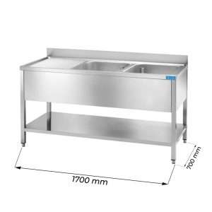 Fregadero abierto en acero inox sobre piernas con N.2 senos con peto trasero y gotero a la izquierda  L1700xP700xH850 mm - linea premium