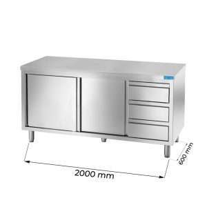 Armarios de trabajo en acero inox con N.2 puertas y N.3 cajones verticales a la derecha L2000xP600xH850 mm – linea premium