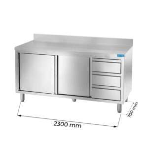 Armarios de trabajo en acero inox con N.2 puertas y N.3 cajones verticales a la derecha y peto trasero L2300xP700xH850 mm – linea premium