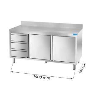 Armarios de trabajo en acero inox con N.2 puertas y N.3 cajones verticales a la izquierda y peto trasero L1400xP600xH850 mm – linea premium