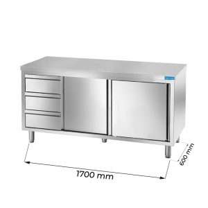 Armarios de trabajo en acero inox con N.2 puertas y N.3 cajones verticales a la izquierda L1700xP600xH850 mm – linea premium