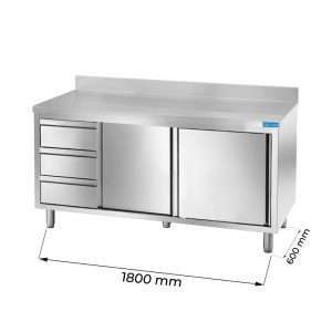 Armarios de trabajo en acero inox con N.2 puertas y N.3 cajones verticales a la izquierda y peto trasero L1800xP600xH850 mm – linea premium