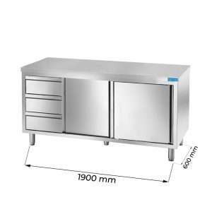 Armarios de trabajo en acero inox con N.2 puertas y N.3 cajones verticales a la izquierda L1900xP600xH850 mm – linea premium