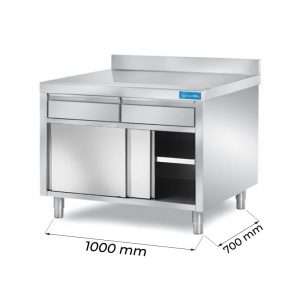 Armarios de trabajo en acero inox con puertas y N.2 cajones horizontales y peto trasero L1000xP700xH850 mm - linea premium