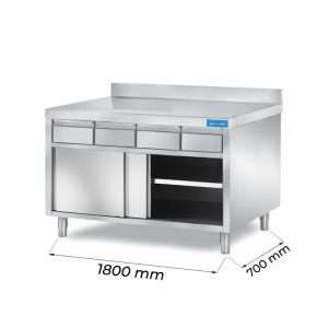 Armarios de trabajo en acero inox con puertas y N.4 cajones horizontales y peto trasero L1800xP700xH850 mm - linea premium