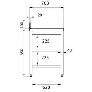 Mesa en acero inox abierta con N.2 estantes y peto trasero L1100xP700xH850 mm - linea premium - Imagen 3