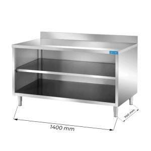 Mesa en acero inox abierta con N.2 estantes y peto trasero L1400xP700xH850 mm - linea premium