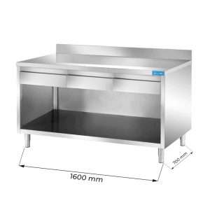 Mesa en acero inox abierta con N.3 cajones horizontales y peto trasero L1600xP700xH850 mm - linea premium