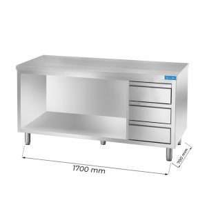 Mesa en acero inox abierta con cajones verticales a la derecha L1700xP700xH850 mm - linea premium
