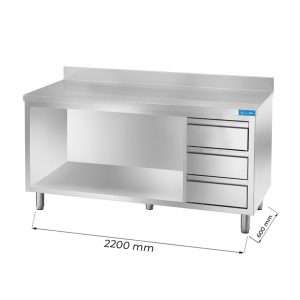 Mesa en acero inox abierta con cajones verticales a la derecha y peto trasero L2200xP600xH850 mm - linea premium