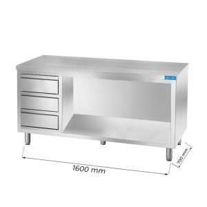 Mesa en acero inox abierta con cajones verticales a la izquierda L1600xP700xH850 mm - linea premium