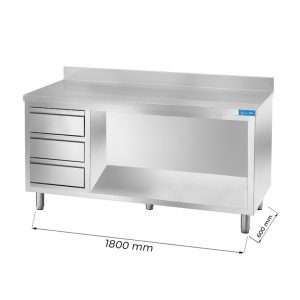 Mesa en acero inox abierta con cajones verticales a la izquierda y peto trasero L1800xP600xH850 mm - linea premium - Imagen 1