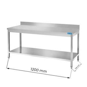 Mesa en acero inox con estante inferior y peto trasero L1200xP700xH850 mm - linea premium