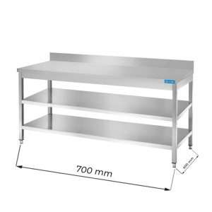 Mesa en acero inox con N.2 estantes y con peto trasero L700xP600xH850 mm - linea premium