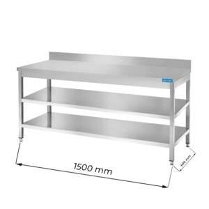 Mesa en acero inox con N.2 estantes y con peto trasero L1500xP600xH850 mm - linea premium