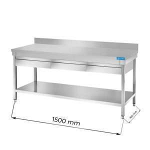 Mesa en acero inox con N.3 cajones con estante inferior y con peto trasero  L1500xP700xH850 mm - linea premium