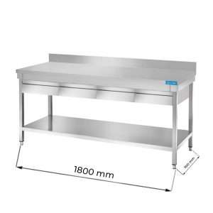 Mesa en acero inox con N.4 cajones con estante inferior y con peto trasero  L1800xP700xH850 mm - linea premium
