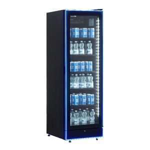 Vitrina refrigerada para bebidas de 378 lt negra con marco de LED azul temperatura de 0°C a +7°C
