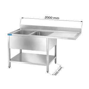 Fregadero abierto en acero inox para lavavajillas con N.2 senos con peto trasero y gotero a la derecha L2000xP700xH850 mm - linea premium