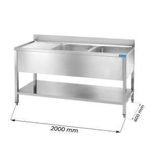 Fregadero abierto de acero inoxidable con 2 cubas y escurridor a la izquierda L2000xP600xH850 mm - línea basic