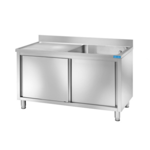 Fregadero con puertas de acero inoxidable con 1 cuba y escurridor a la izquierda L1100xP700xH850 mm - línea basic - Imagen 2