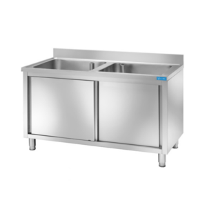 Fregadero con puertas de acero inoxidable con 2 cubas L1000xP600xH850 mm - línea basic - Imagen 2