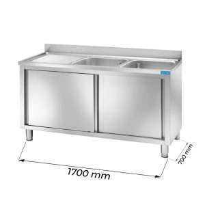 Fregadero con puertas de acero inoxidable con 2 cubas y escurridor a la izquierda L1700xP700xH850 mm - línea basic