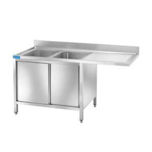 Fregadero con puertas de acero inoxidable para lavavajillas con 2 cubas y escurridor a la derecha L1600xP700xH850 mm - línea basic - Imagen 2