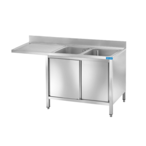 Fregadero con puertas de acero inoxidable para lavavajillas con 2 cubas y escurridor a la izquierda L1600xP700xH850 mm - línea basic - Imagen 2