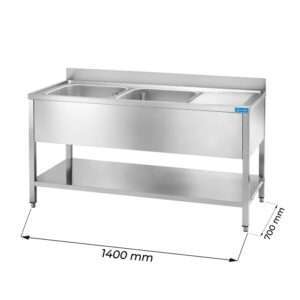 Fregadero abierto de acero inoxidable con 2 cubas y escurridor a la derecha L1400xP700xH850 mm - línea basic