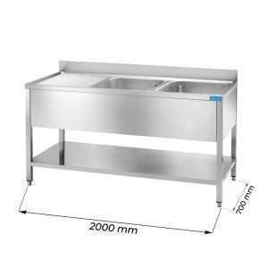 Fregadero abierto de acero inoxidable con 2 cubas y escurridor a la izquierda L2000xP700xH850 mm - línea basic