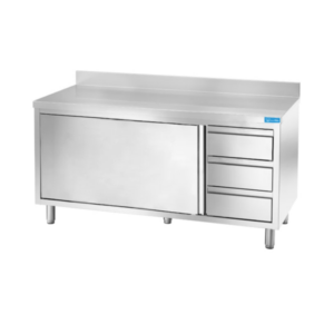 Mesa de acero inoxidable con puertas con 3 cajones verticales a la derecha con peto trasero L1000xP700xH850 mm - línea basic - Imagen 3