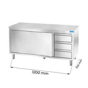 Mesa de acero inoxidable con puertas con 3 cajones verticales a la derecha sin peto trasero L1200xP700xH850 mm - línea basic