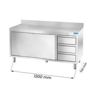 Mesa de acero inoxidable con puertas con 3 cajones verticales a la derecha con peto trasero L1200xP700xH850 mm - línea basic