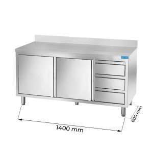 Mesa de acero inoxidable con puertas con 3 cajones verticales a la derecha con peto trasero L1400xP600xH850 mm - línea basic