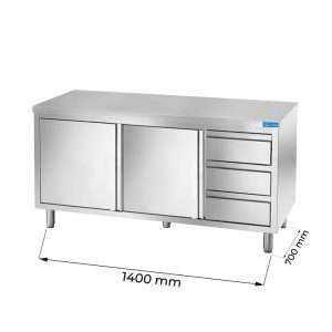 Mesa de acero inoxidable con puertas con 3 cajones verticales a la derecha sin peto trasero L1400xP700xH850 mm - línea basic