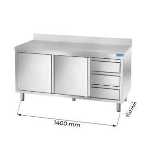 Mesa de acero inoxidable con puertas con 3 cajones verticales a la derecha con peto trasero L1400xP700xH850 mm - línea basic