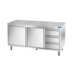 Mesa de acero inoxidable con puertas con 3 cajones verticales a la derecha sin peto trasero L1900xP700xH850 mm - línea basic - Imagen 2