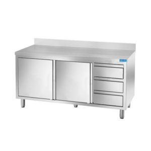 Mesa de acero inoxidable con puertas con 3 cajones verticales a la derecha con peto trasero L1600xP600xH850 mm - línea basic - Imagen 2